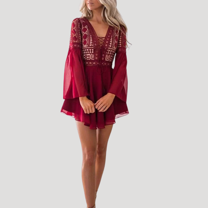 Women's Mini Dress Long Sleeve Boho Lace V Neck