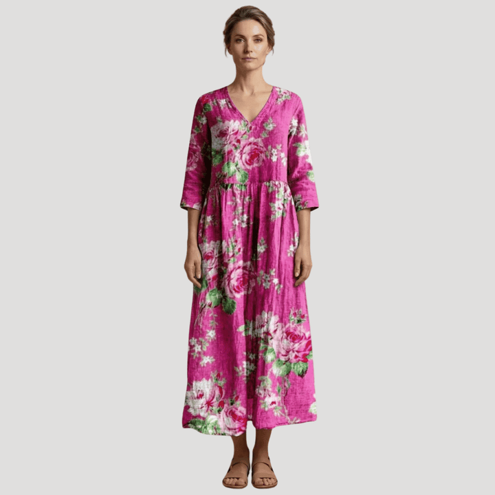 Women's Floral Maxi V Neck Printed Boho Three Quarter Sleeves