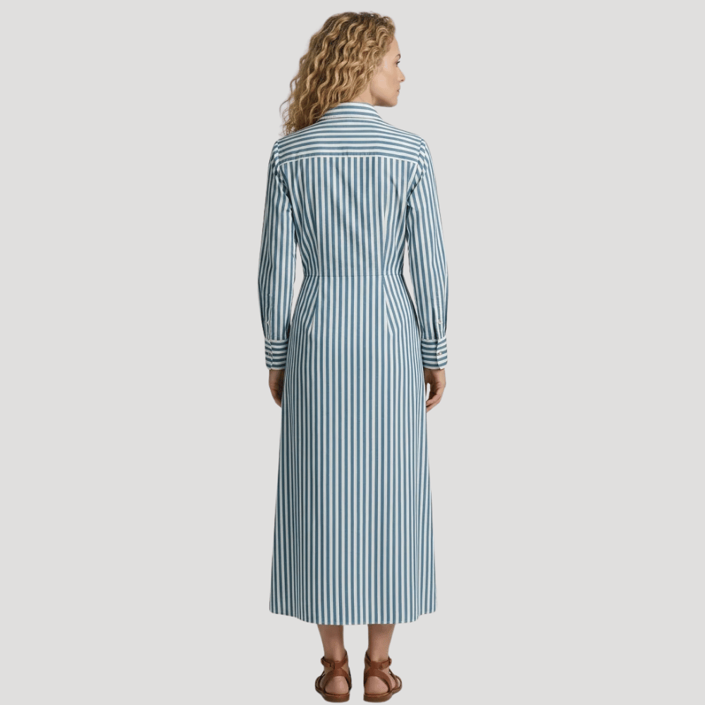 Women's Striped Maxi Shirt Dress Collared Long Sleeve Everyday Wear
