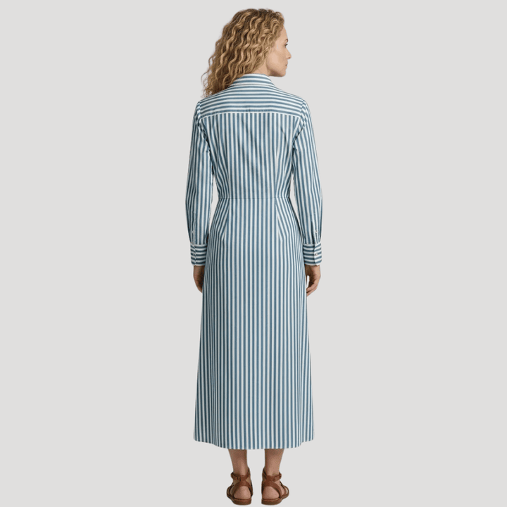Women's Striped Maxi Shirt Dress Collared Long Sleeve Everyday Wear