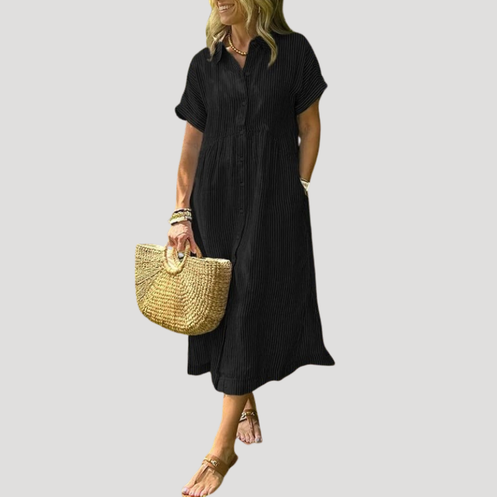 Women's Linen Dress Shirt Dress Midi Short Sleeve Summer