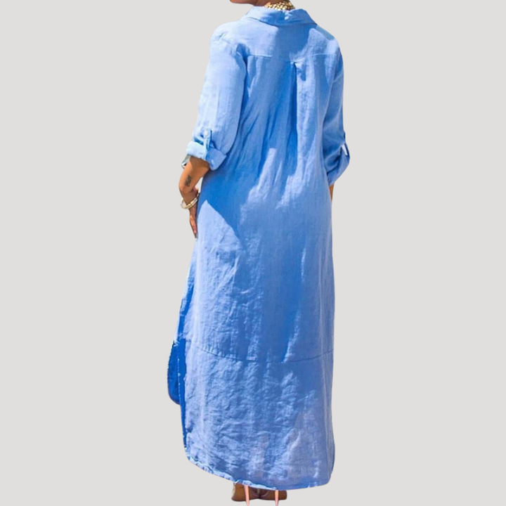 Women's Shirt Dress Maxi Long Sleeve Button Collared Linen