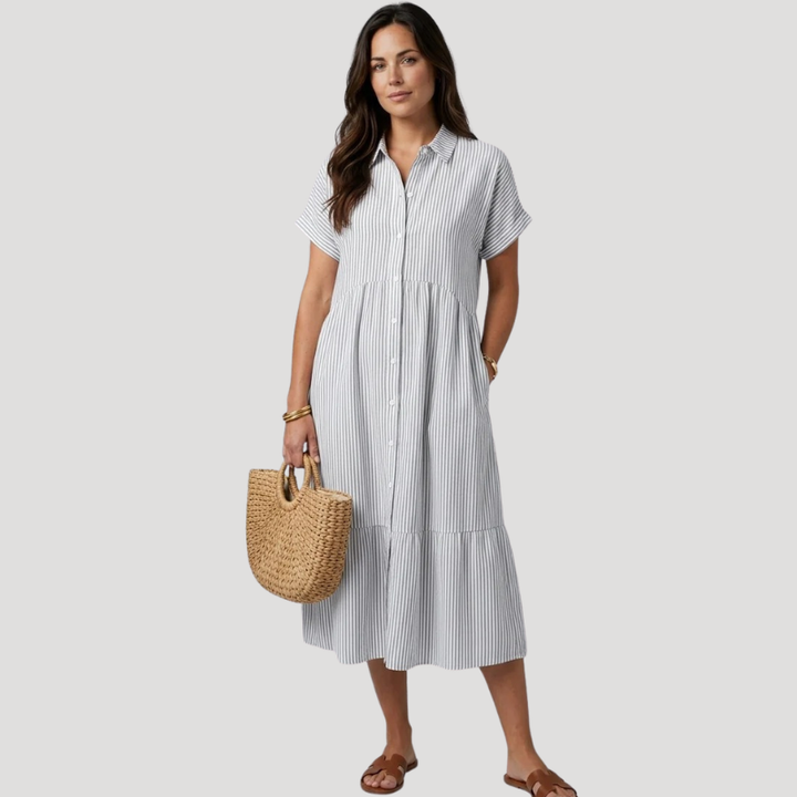 Women's Striped Midi Shirt Dress Short Sleeve Collared Casual Summer
