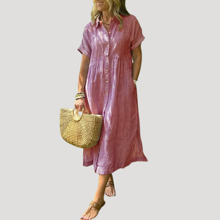 Women's Linen Dress Shirt Dress Midi Short Sleeve Summer