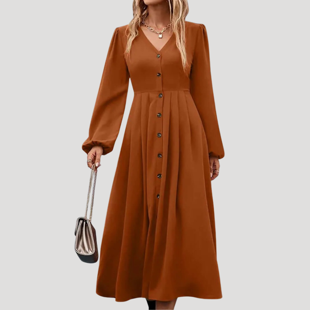 Women's Maxi Dress Long Sleeve V Neck Button Front