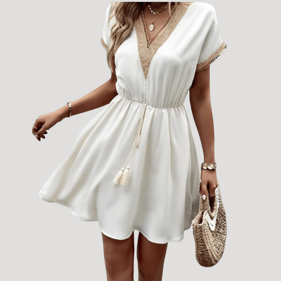 Women's Mini Dress V Neck Short Sleeve Waist Tie Casual