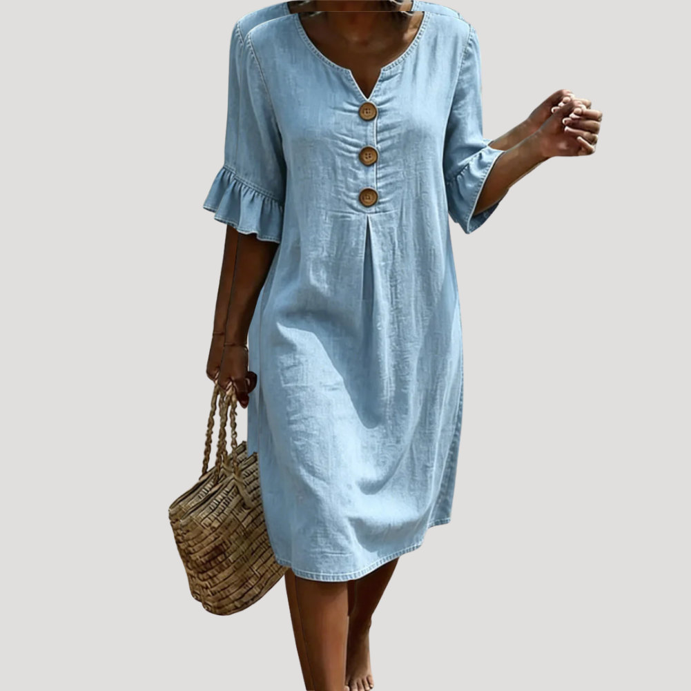 Women's Denim Dress Midi Casual V Neck Shift Button