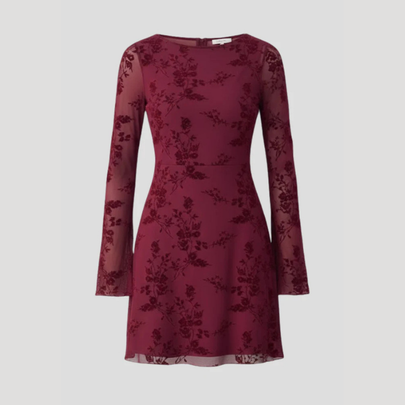 Women's Burgundy Dress Mini Floral Mesh Bodycon Long Sleeve Party