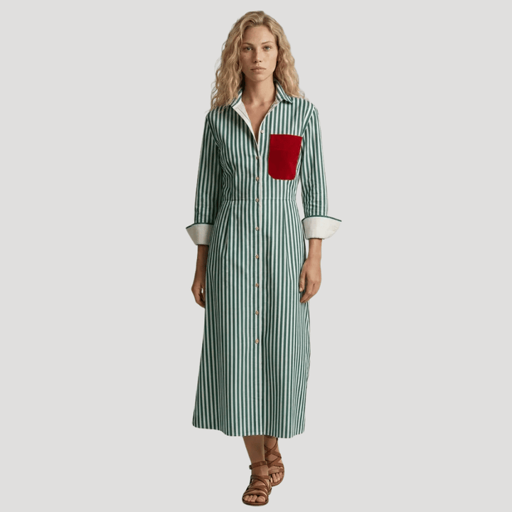 Women's Striped Maxi Shirt Dress Collared Long Sleeve Everyday Wear