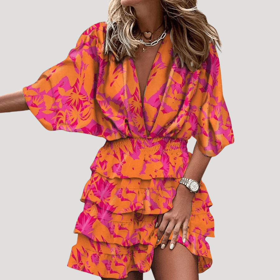 Women's Mini Wrap Dress Boho Printed V Neck Long Sleeve