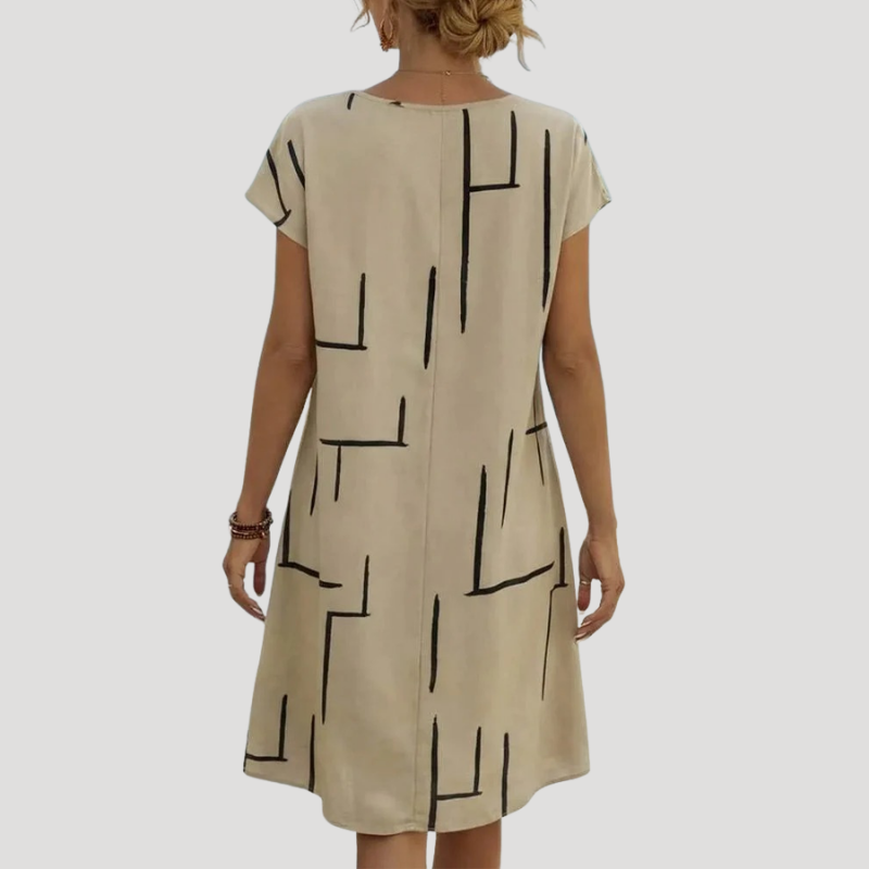 Women's Linen Dress Casual Printed Midi Shift Short Sleeve Loose