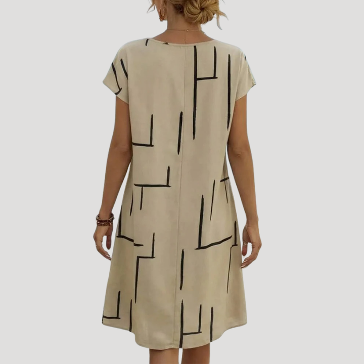 Women's Linen Dress Casual Printed Midi Shift Short Sleeve Loose