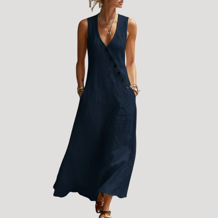 Women's Linen Dress Maxi Dress Sleeveless Button V Neck