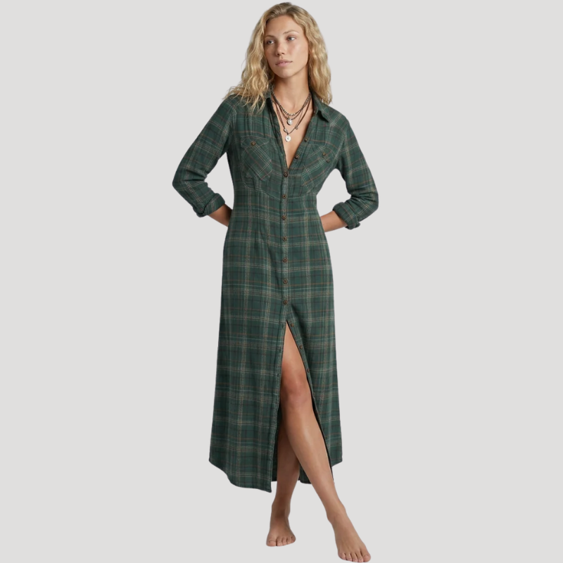 Women's Maxi Shirt Dress Long Sleeve Plaid Check Button Front Casual