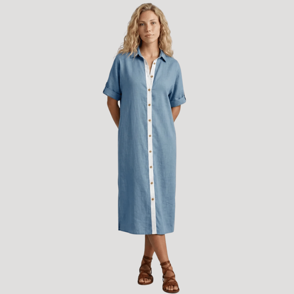 Women's Midi Shirt Collared Short Sleeve Button Contrast Casual