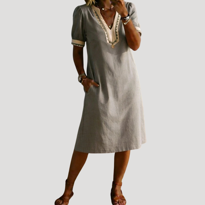 Women's Linen Midi Dress V Neck Casual