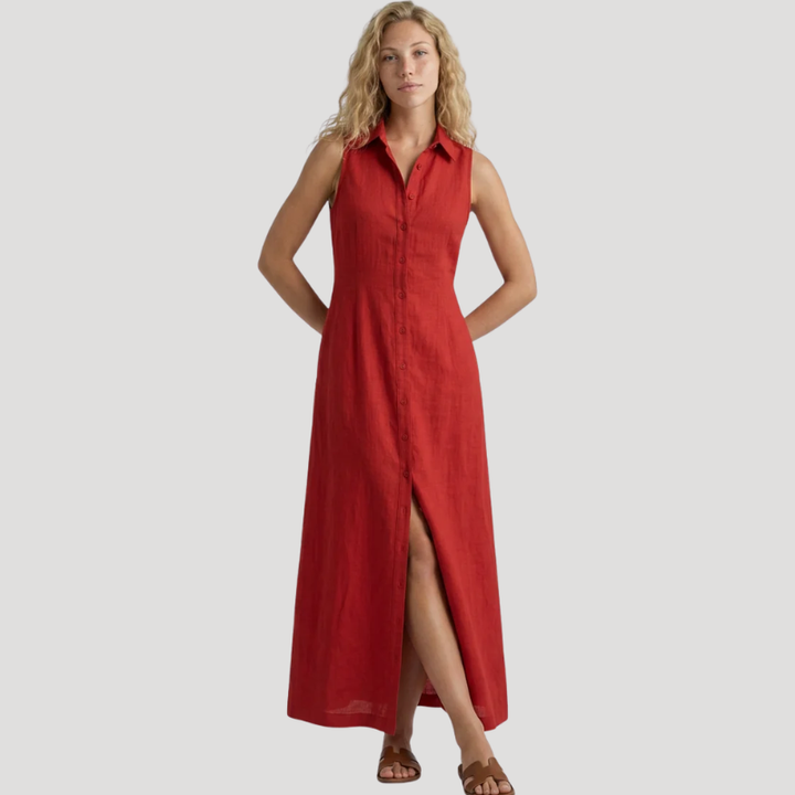 Women's Sleeveless Maxi Shirt Dress Collared Split Hem