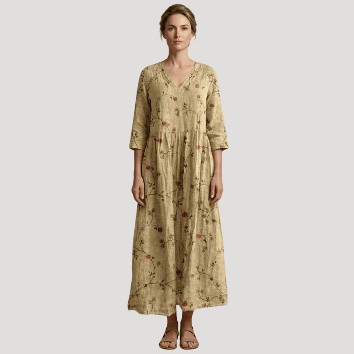 Women's Floral Maxi V Neck Printed Boho Three Quarter Sleeves