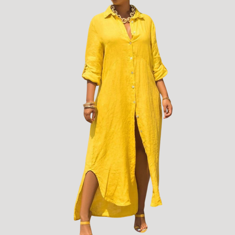Women's Shirt Dress Maxi Long Sleeve Button Collared Linen