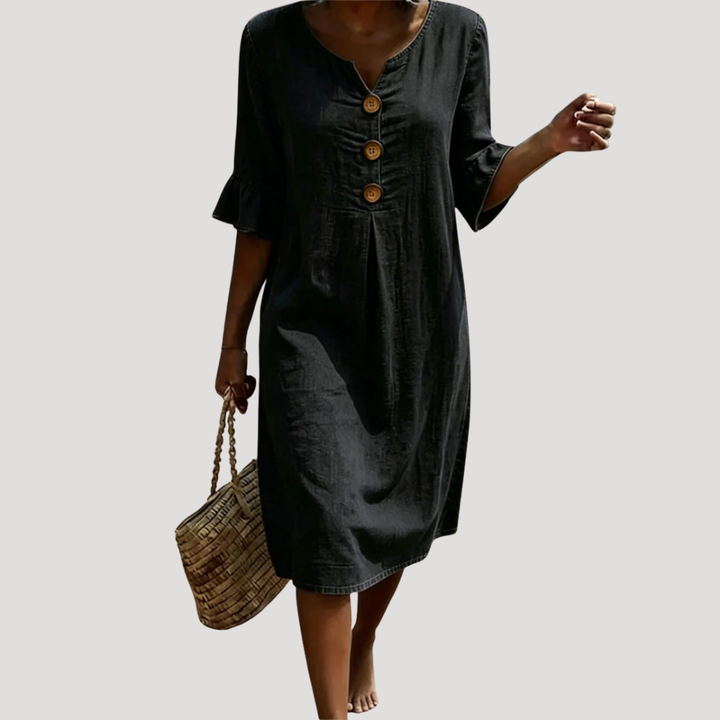 Women's Denim Dress Midi Casual V Neck Shift Button