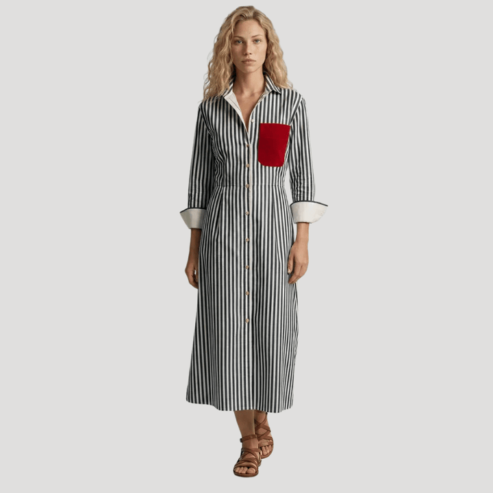Women's Striped Maxi Shirt Dress Collared Long Sleeve Everyday Wear