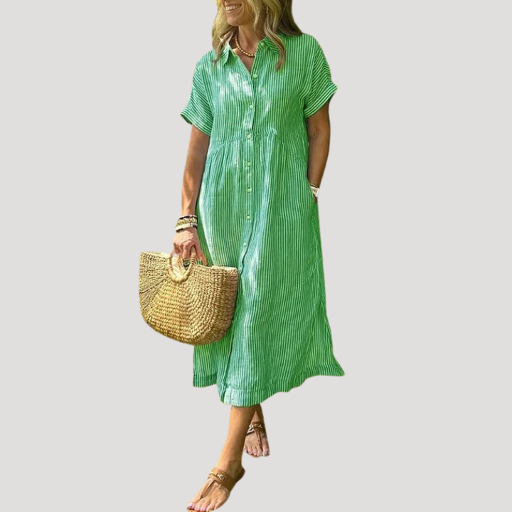 Women's Linen Dress Shirt Dress Midi Short Sleeve Summer