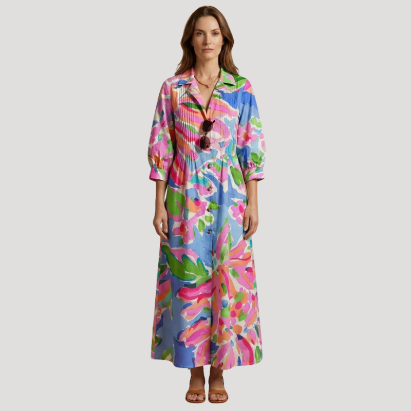 Women's Floral Maxi Shirt Dress Long Sleeve Button Front