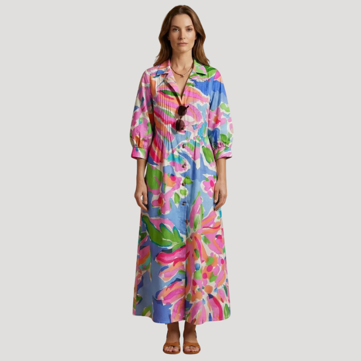 Women's Floral Maxi Shirt Dress Long Sleeve Button Front