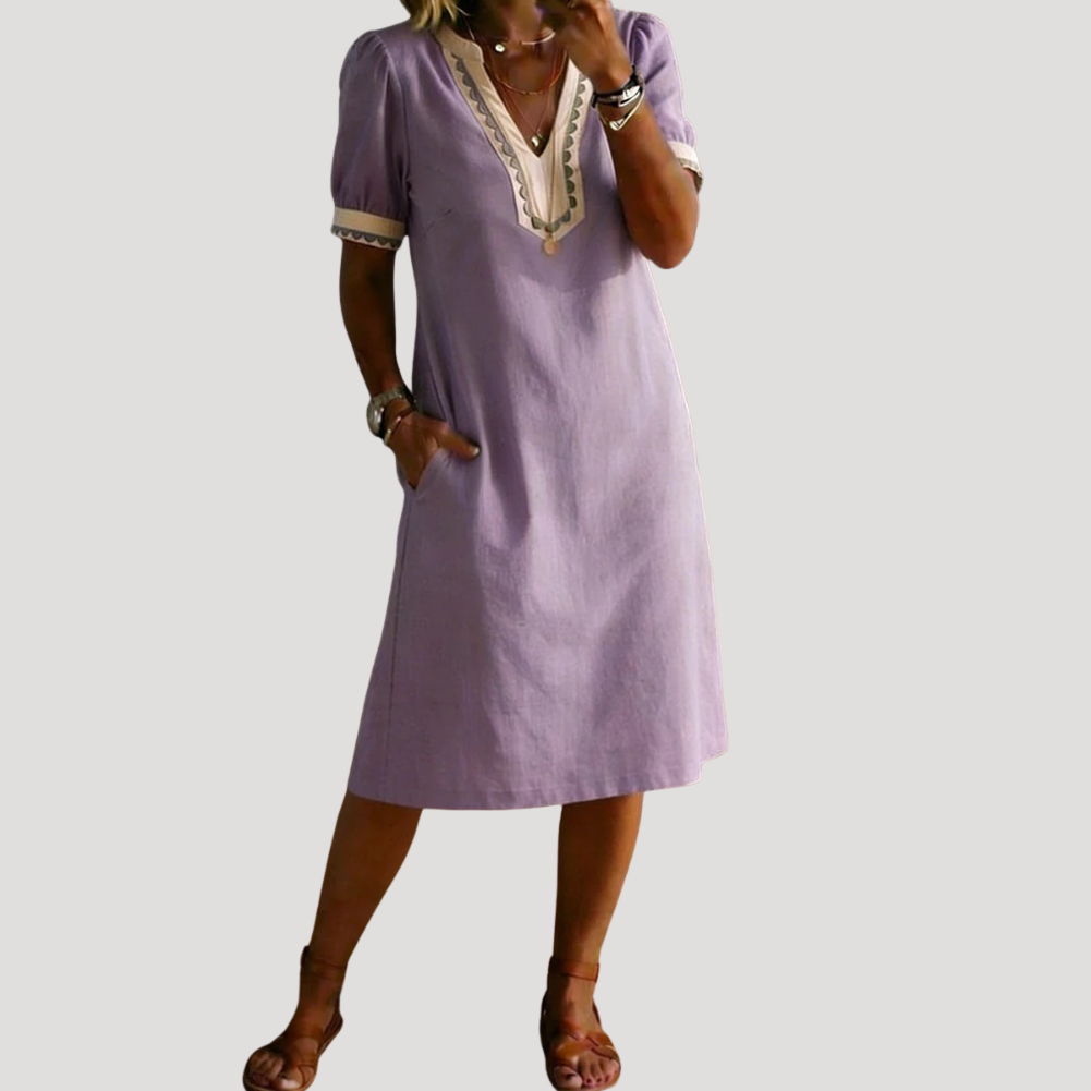 Women's Linen Midi Dress V Neck Casual