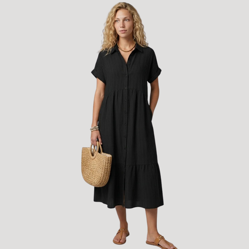 Women's Striped Midi Shirt Dress Short Sleeve Collared Casual Summer