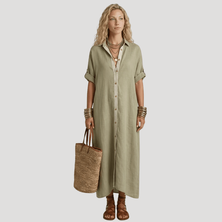 Women's Midi Shirt Collared Short Sleeve Button Contrast Casual