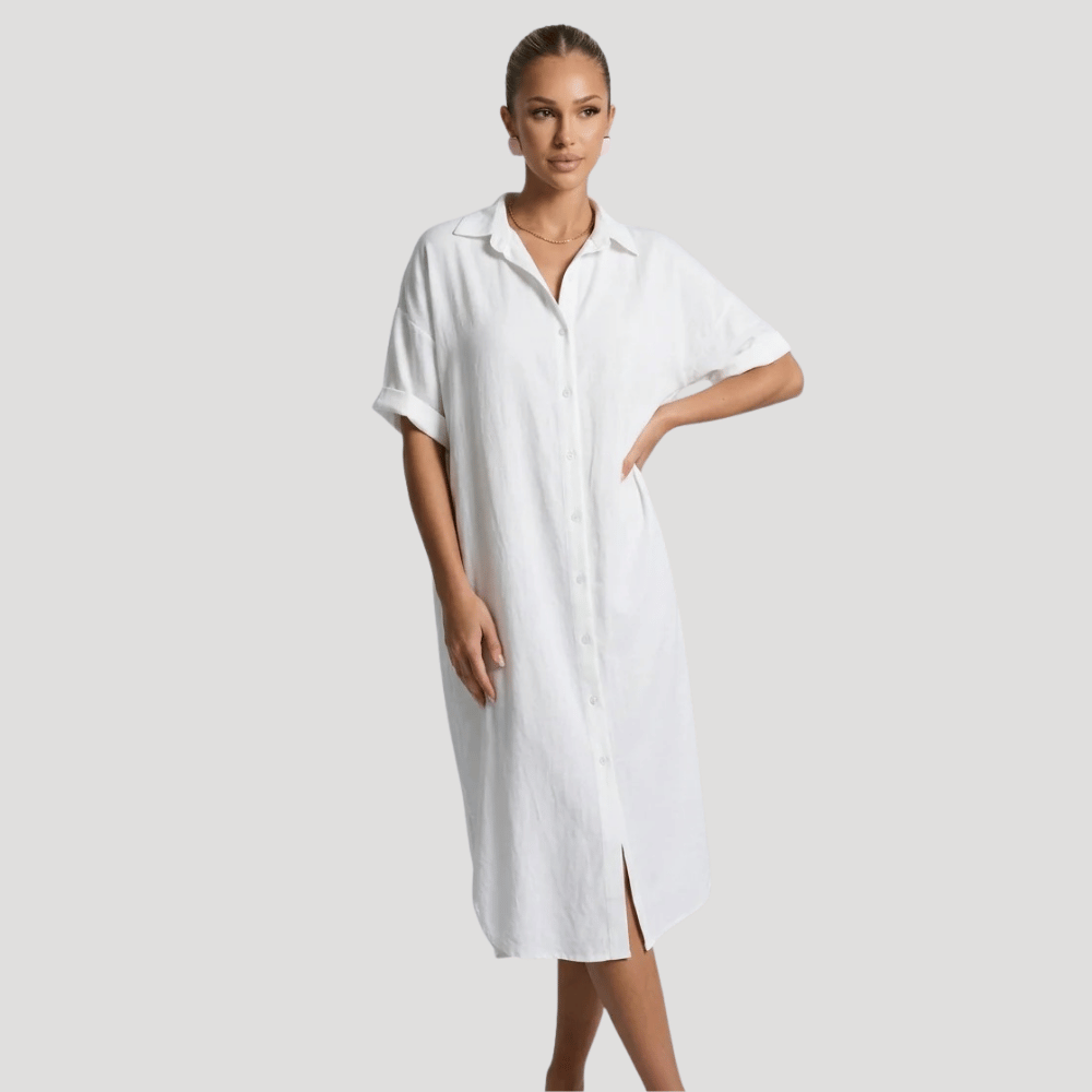 Women's Shirt Dress Midi Short Sleeve Collared Casual Button