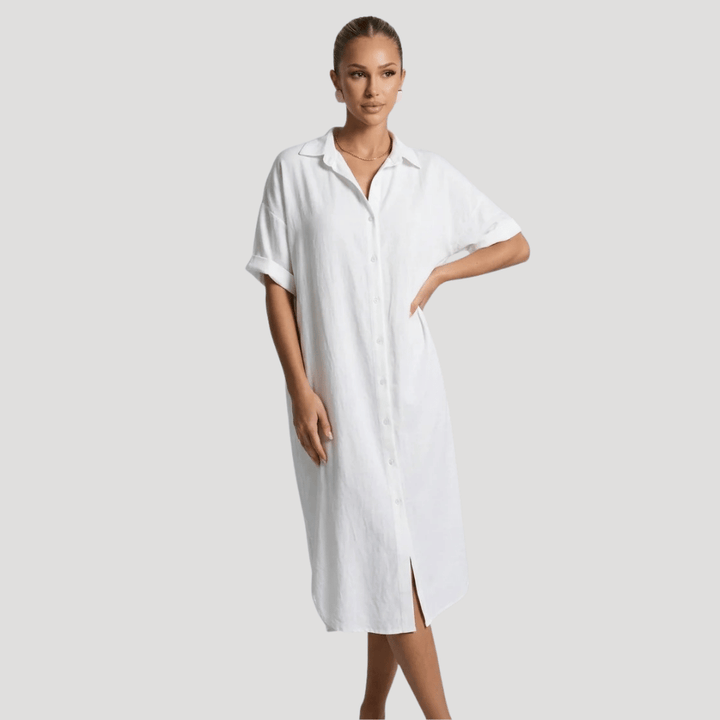 Women's Shirt Dress Midi Short Sleeve Collared Casual Button