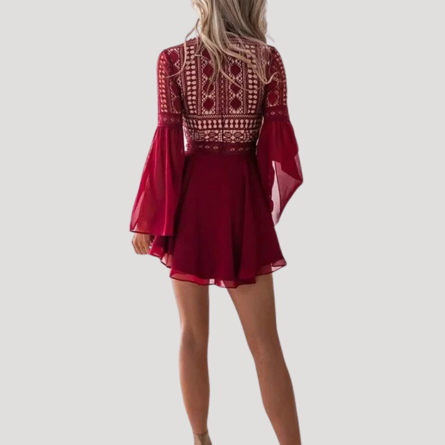 Women's Mini Dress Long Sleeve Boho Lace V Neck