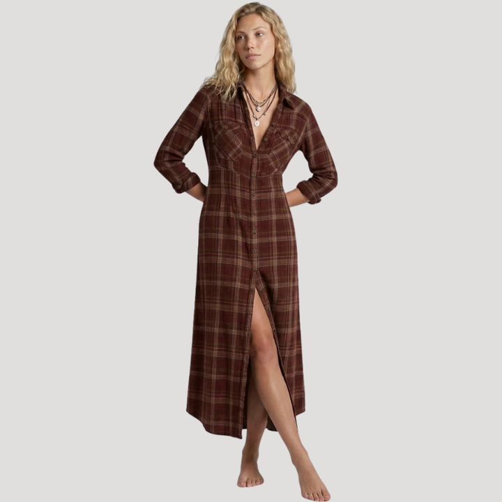 Women's Maxi Shirt Dress Long Sleeve Plaid Check Button Front Casual