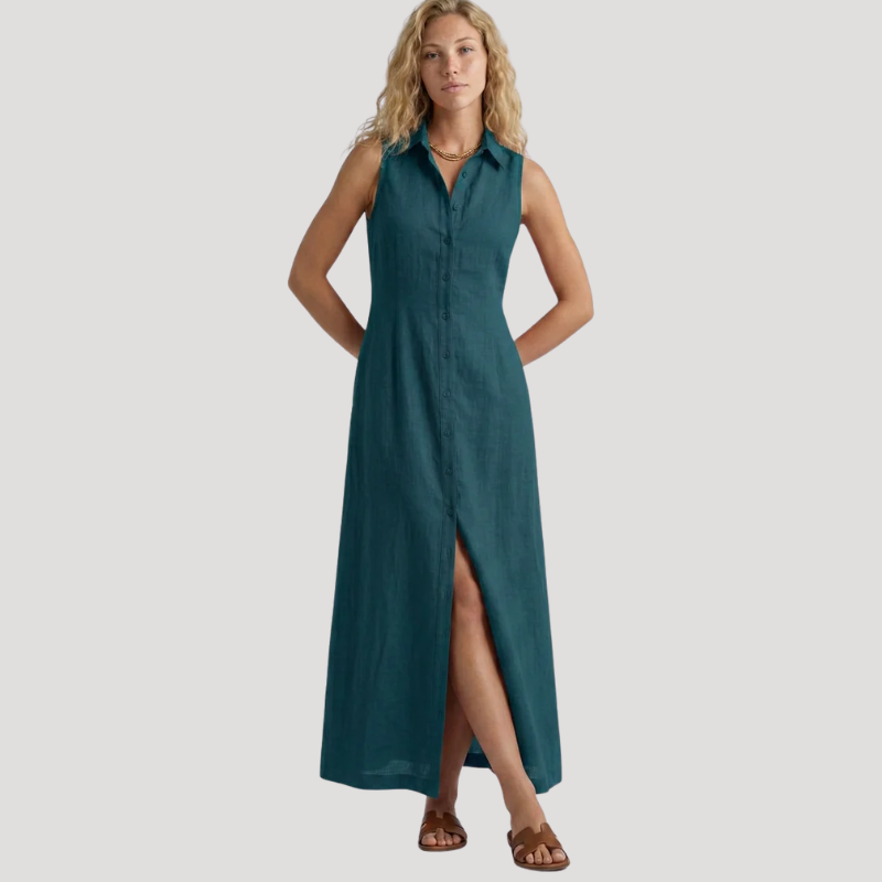 Women's Sleeveless Maxi Shirt Dress Collared Split Hem