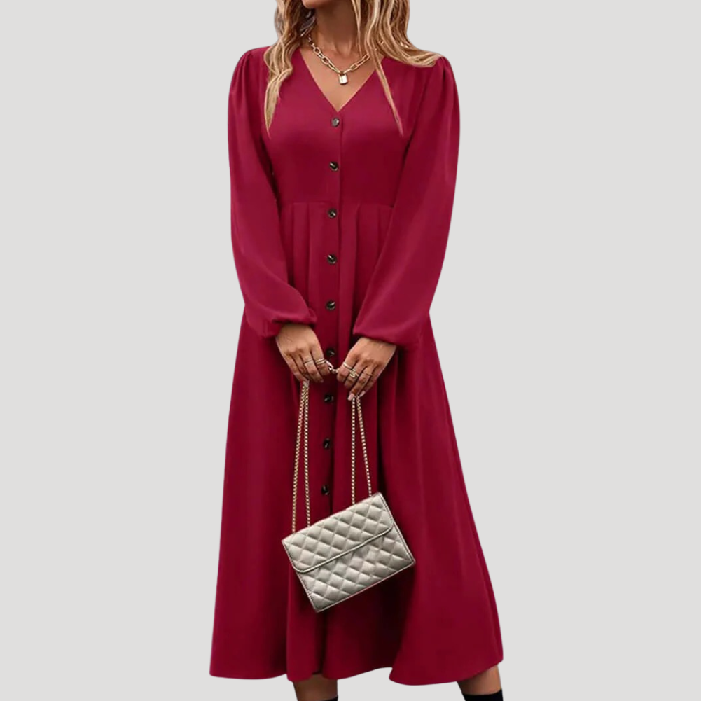 Women's Maxi Dress Long Sleeve V Neck Button Front