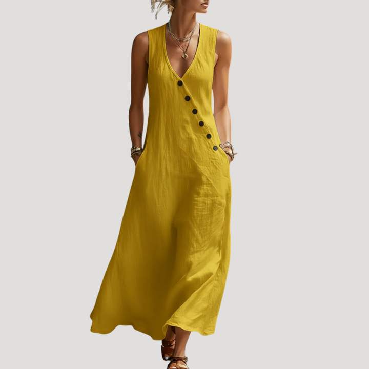 Women's Linen Dress Maxi Dress Sleeveless Button V Neck