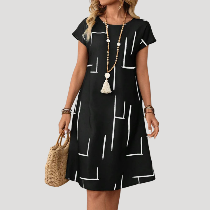 Women's Linen Dress Casual Printed Midi Shift Short Sleeve Loose