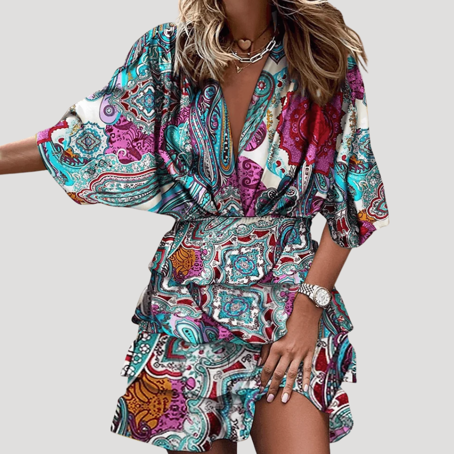 Women's Mini Wrap Dress Boho Printed V Neck Long Sleeve