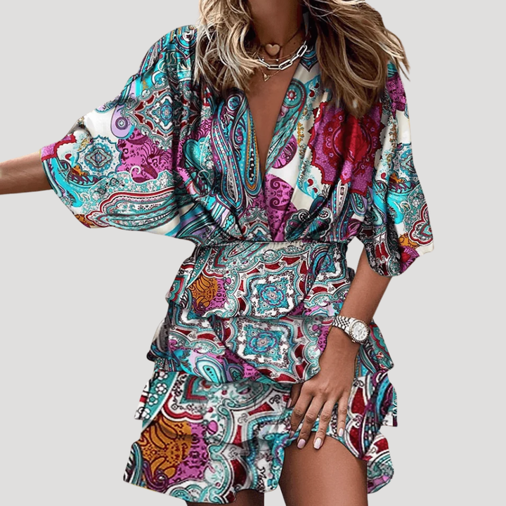 Women's Mini Wrap Dress Boho Printed V Neck Long Sleeve