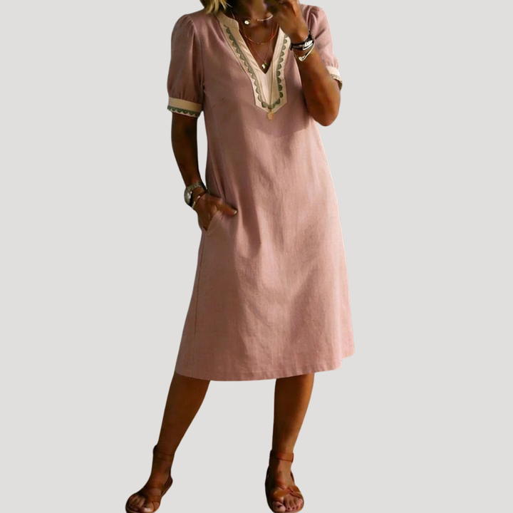Women's Linen Midi Dress V Neck Casual