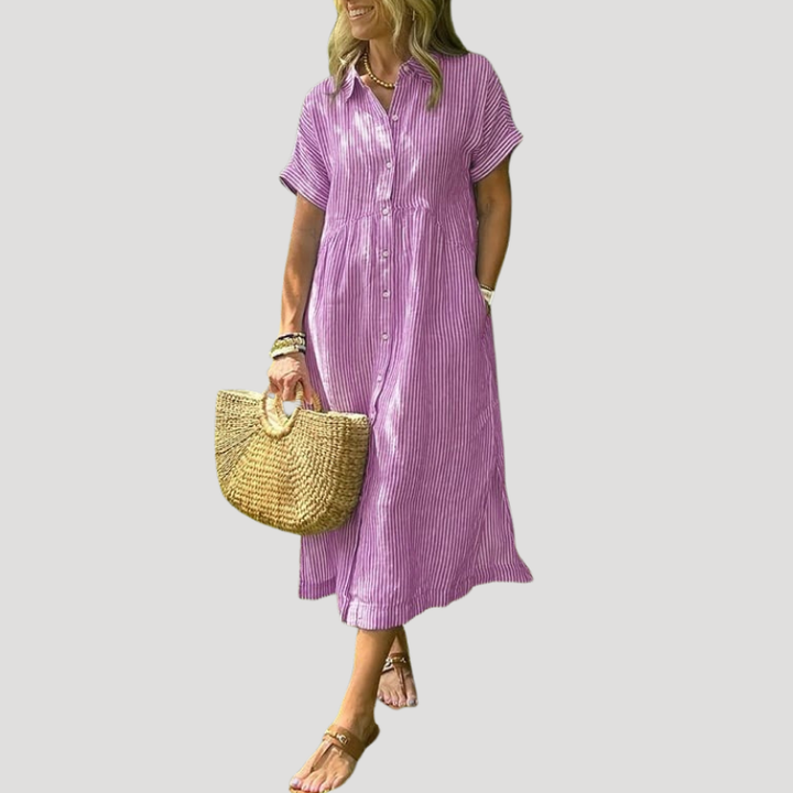 Women's Linen Dress Shirt Dress Midi Short Sleeve Summer