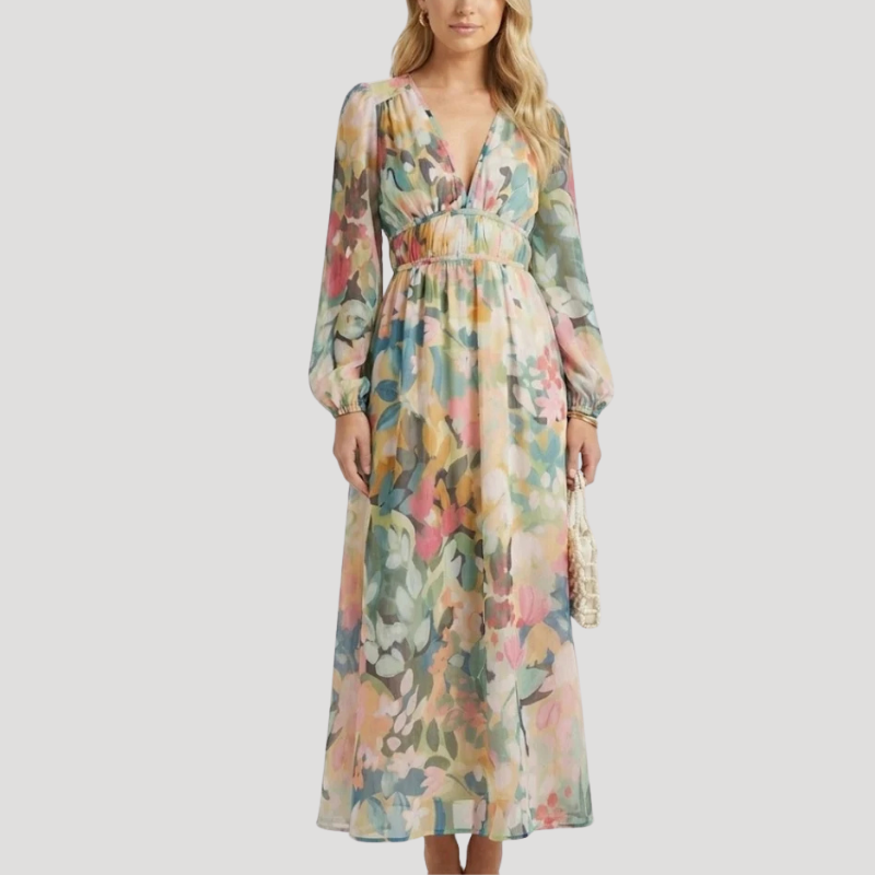 Women's Dress Floral Maxi Wrap V Neck Long Sleeve Boho