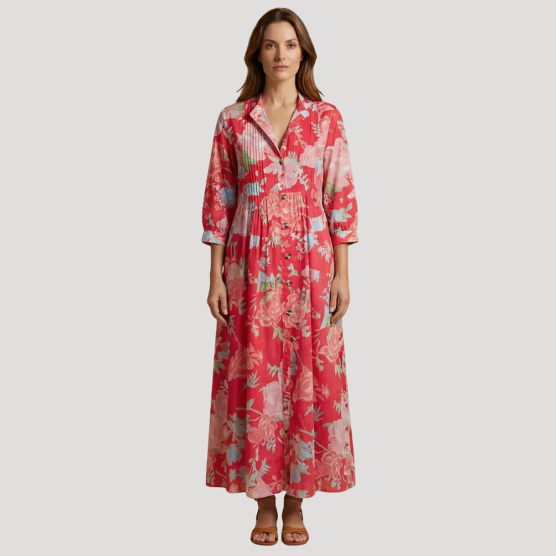 Women's Floral Maxi Shirt Dress Long Sleeve Button Front