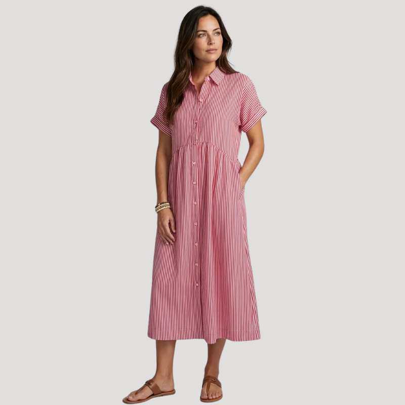 Women's Striped Midi Shirt Dress Short Sleeve Collared Casual Summer