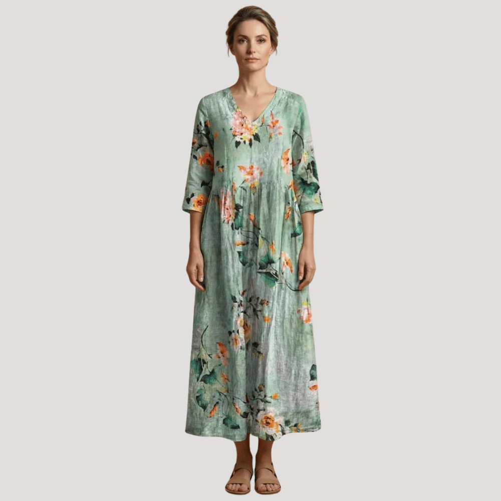 Women's Floral Maxi V Neck Printed Boho Three Quarter Sleeves