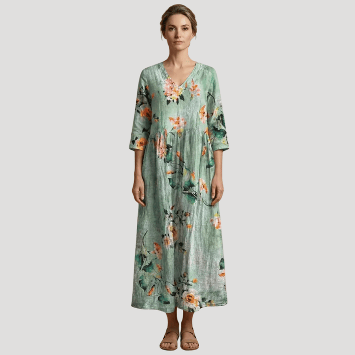 Women's Floral Maxi V Neck Printed Boho Three Quarter Sleeves