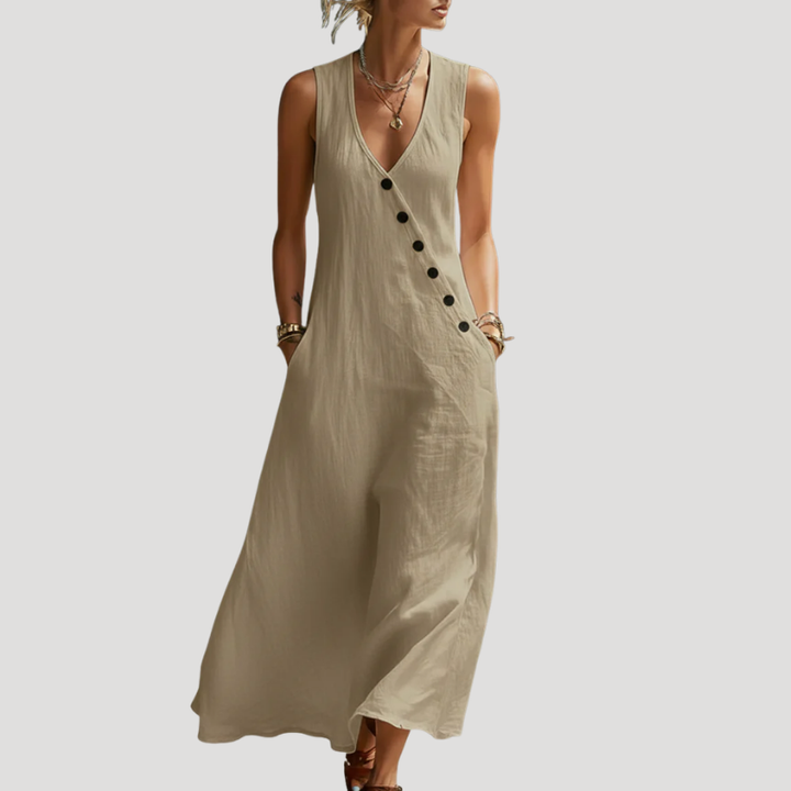 Women's Linen Dress Maxi Dress Sleeveless Button V Neck