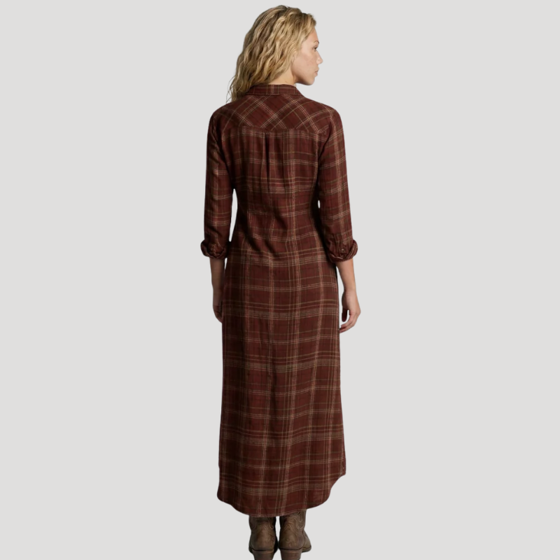 Women's Maxi Shirt Dress Long Sleeve Plaid Check Button Front Casual